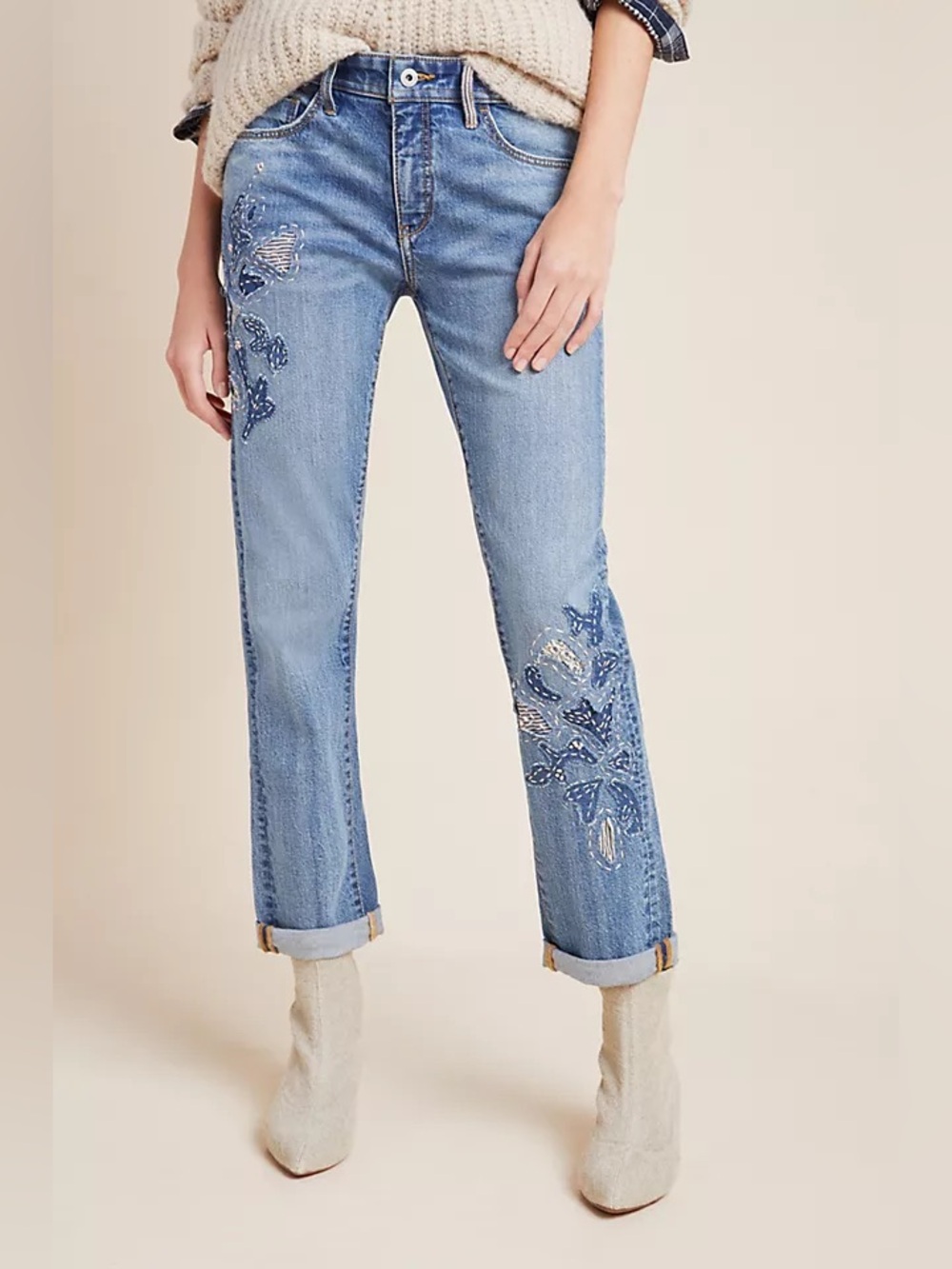 Anthropologie Pilcro high rise embroidered slim boyfriend jeans floral